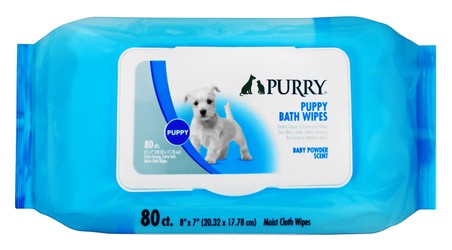 Purry Bath Wipes Baby Powder Scent for Puppies (20.32x17.78cm) 80 wipes