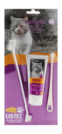 US Pet Supplies Cat Toothpaste Cheese Flavor with Toothbrushes 1 pack