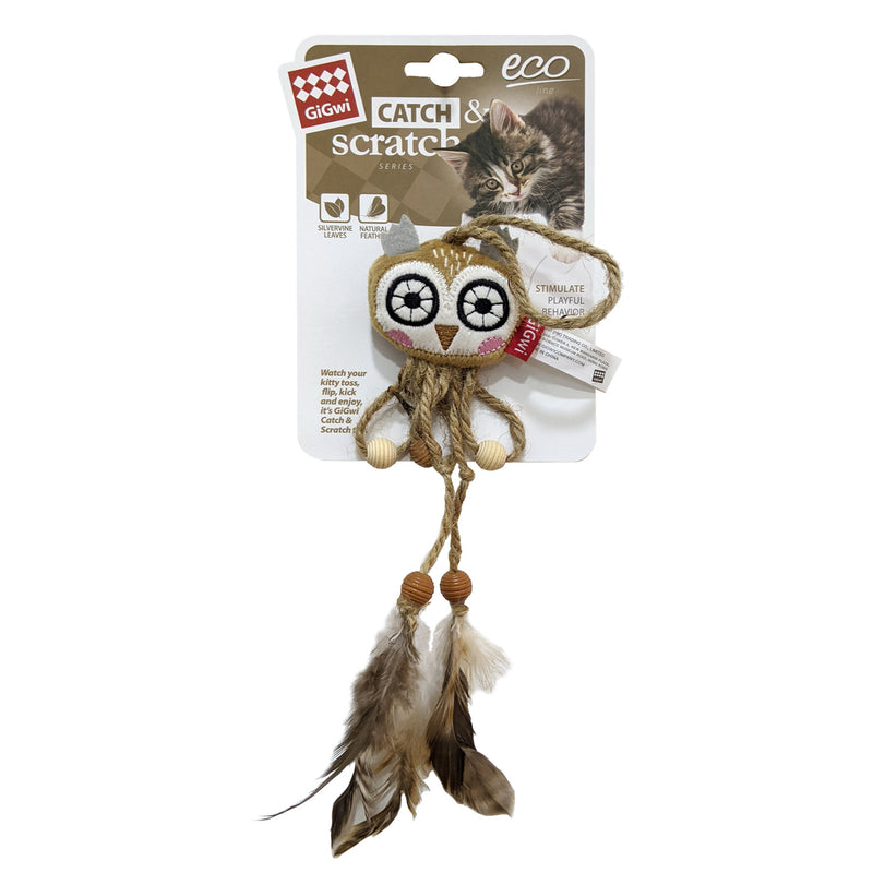 Owl Catch & Scratch Eco line with Slivervine Leaves and Natural Feather 